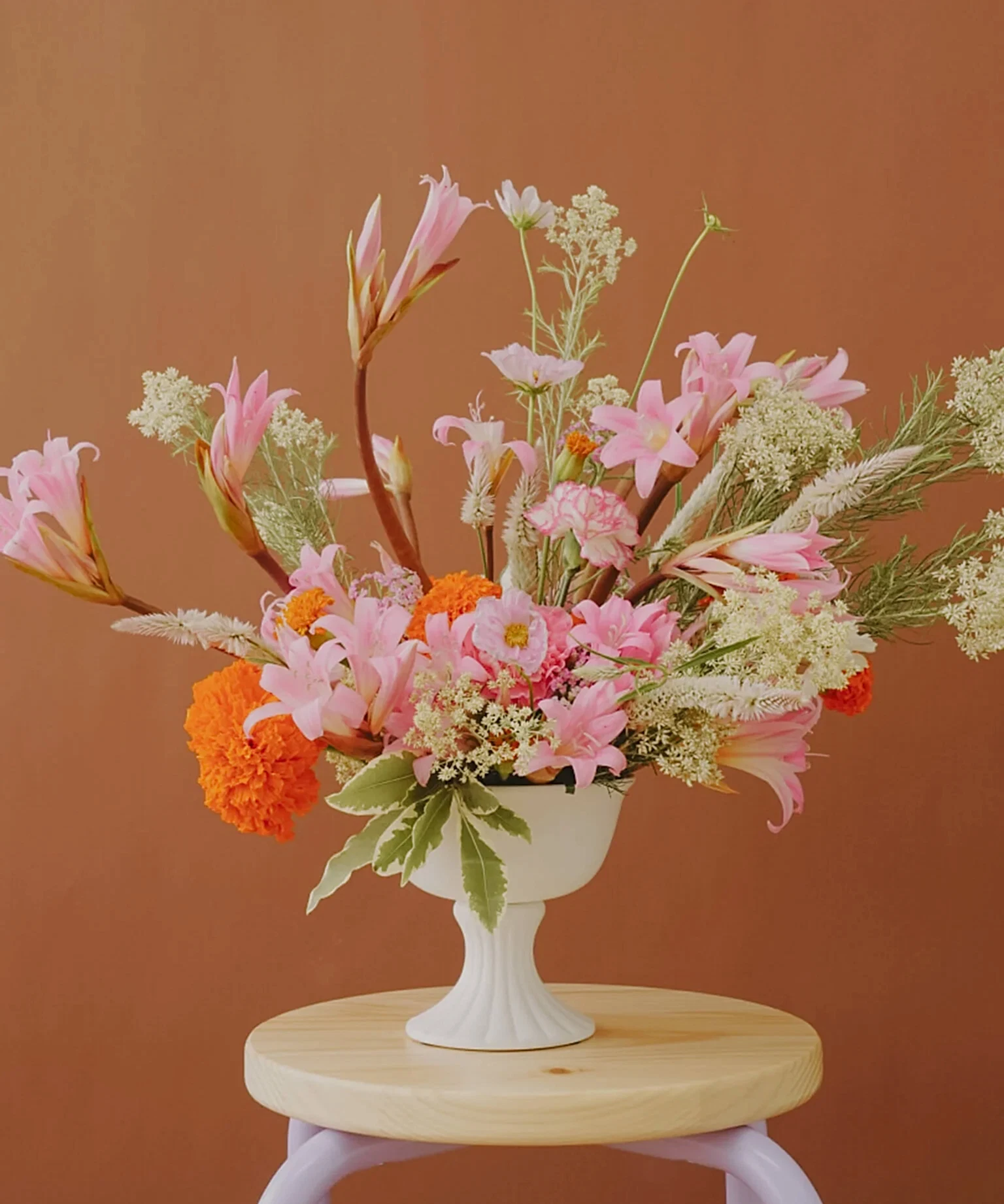 Bright Pink and Orange flowers on a brown background, by Poppy Rose in Brisbane
