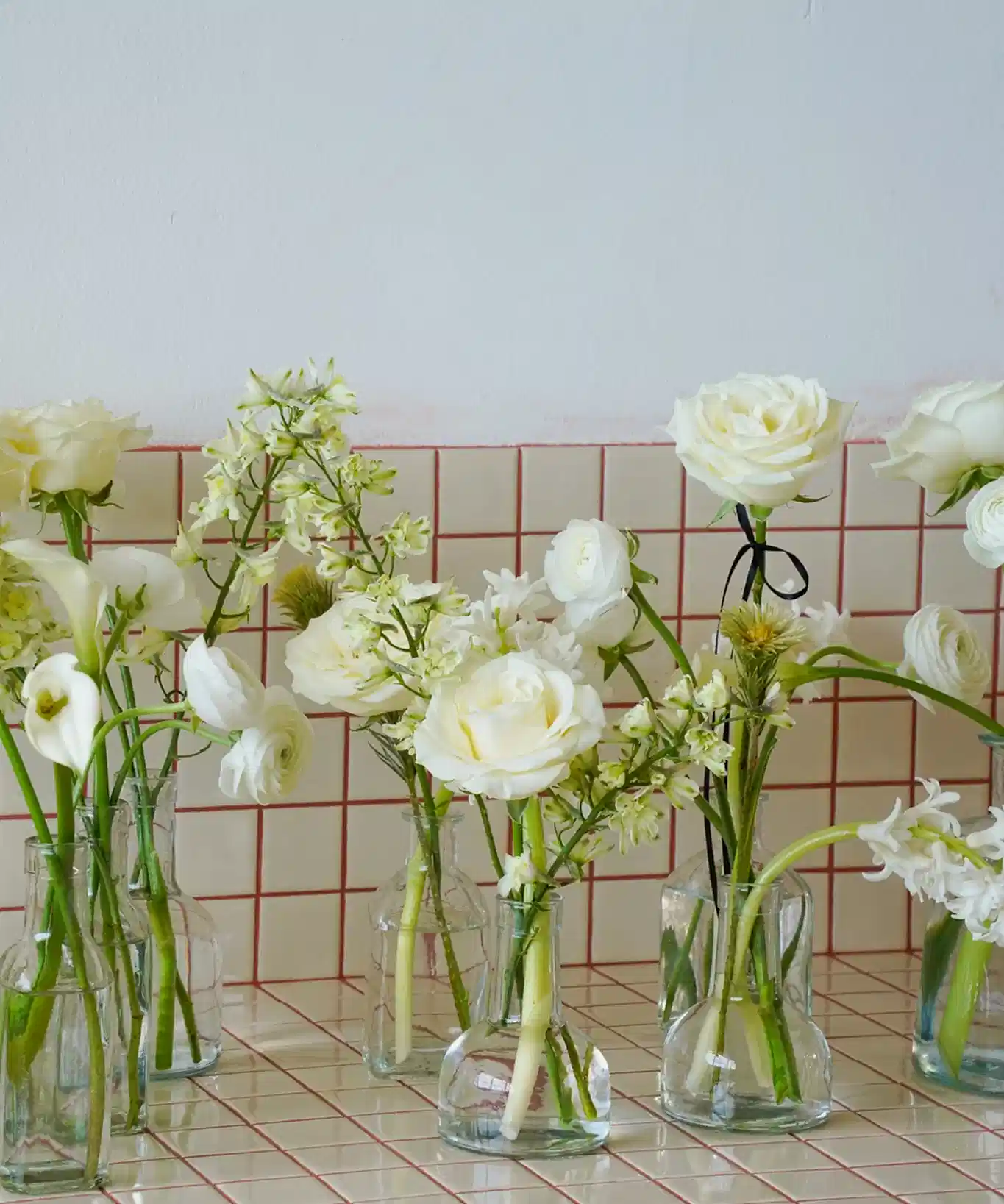 White and Green Bud Vases for an event - Poppy Rose Brisbane