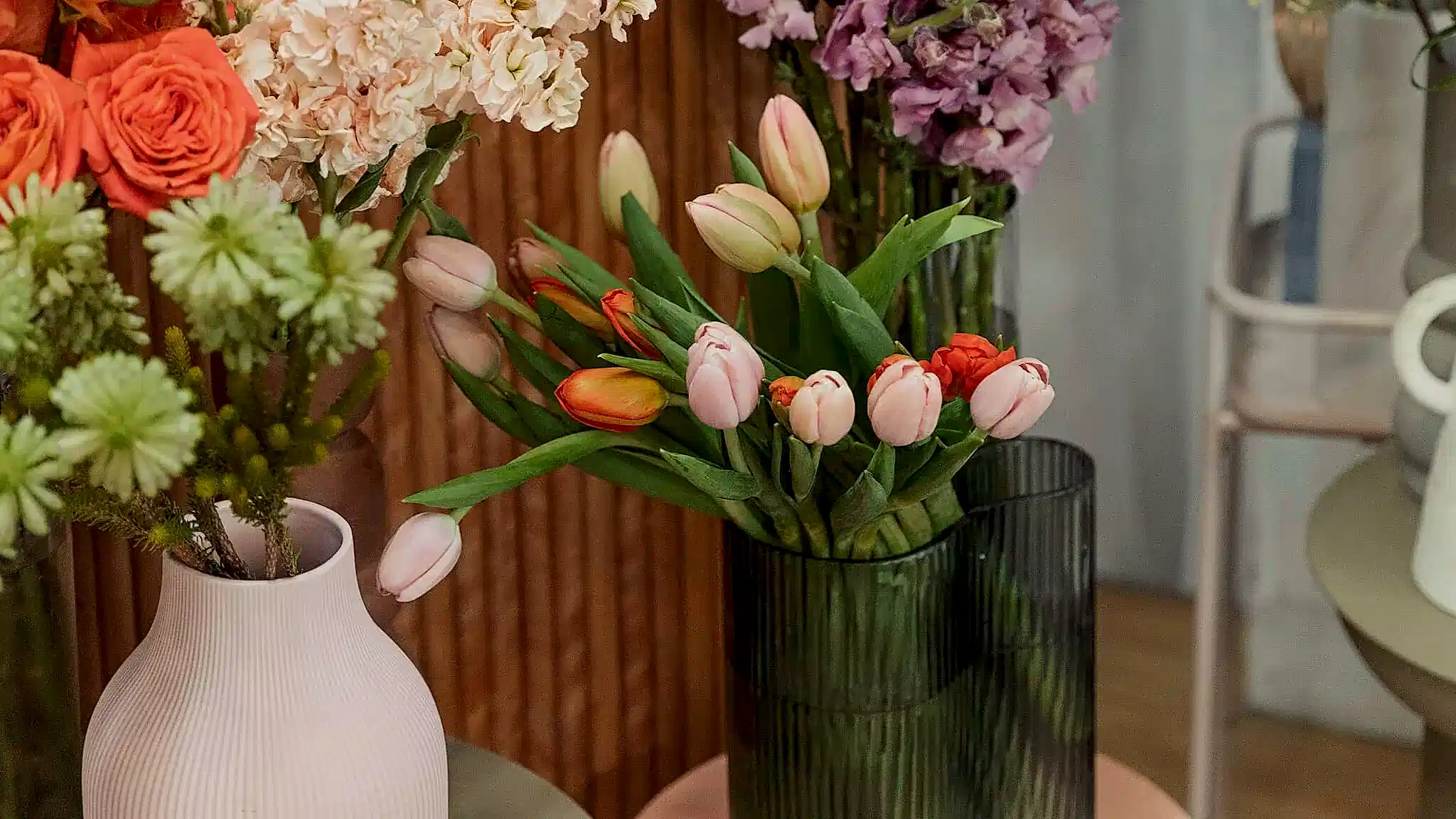 Orange and Pink Tulips in vase at Poppy Rose Flowers Brisbane